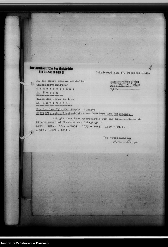 Obraz 5 z jednostki "Verzeichnis der, in der Sippenstelle der Regierungs des Generalgouvernements aufbewahrten Personenstandsbücher [wykaz, korespondencja]"