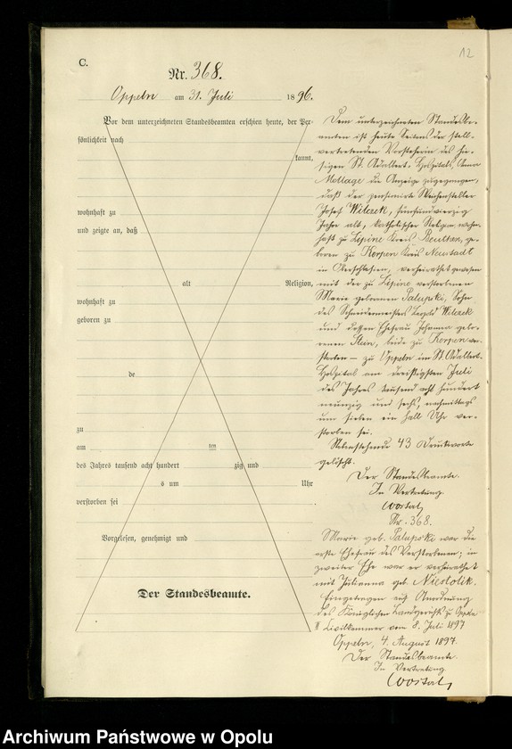 Obraz 15 z jednostki "Urząd Stanu Cywilnego w Opolu 1896 Rejestr zgonów Księga Miejscowa Nr 357 do 607"