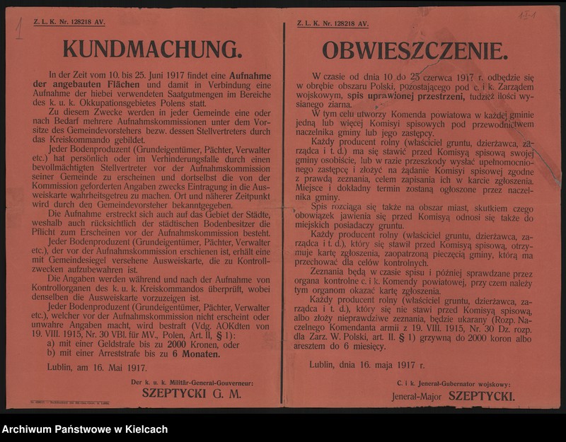 image.from.unit "(Kundmachung. In der Zeit vom 10 bis 25 Juni 1917 findet eine Aufnahme der angebauten Flachen...) Obwieszczenie w sprawie uprawianej przestrzeni tudzież wysianego ziarna na obszarze Polski pozostającej pod CiK zarządem wojskowym-"