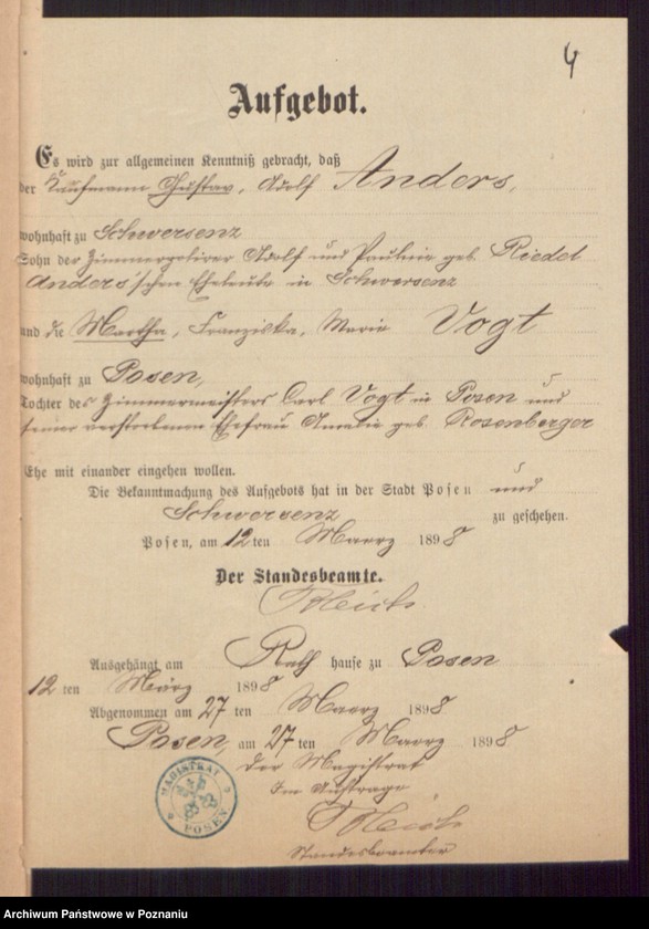 Obraz 6 z jednostki "Die von den Verlobten beigebrachten Urkunden zur Eheschliessung pro 1898"