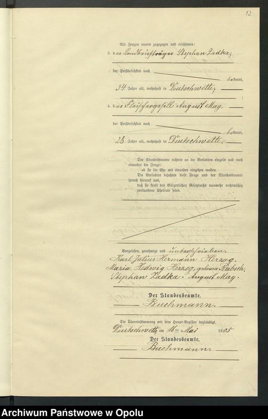 Obraz 16 z jednostki "Heiraths-Neben-Register des Standesamts Deutsch Wette pro 1905"