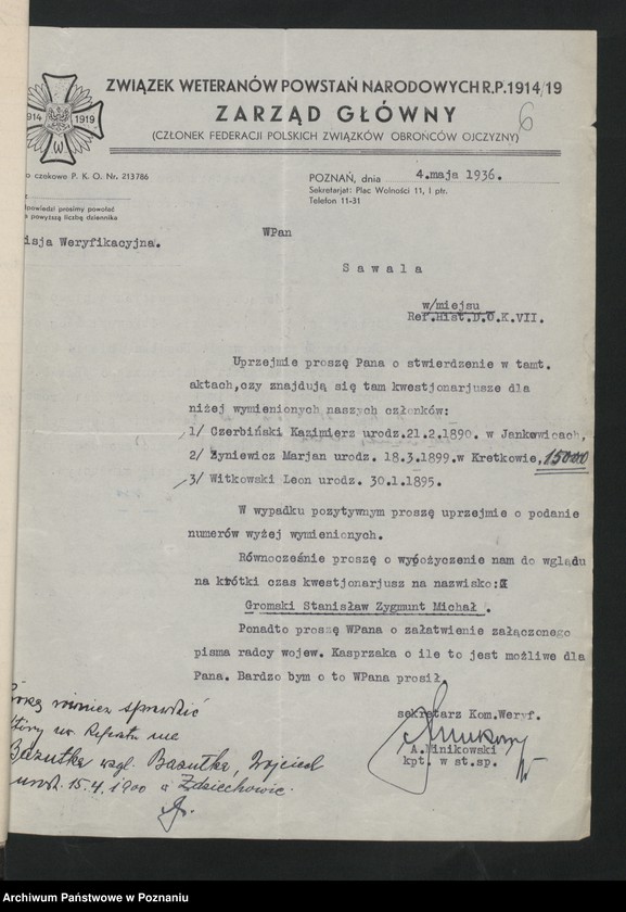 Obraz 11 z jednostki "Komisja Weryfikacyjna Związku Weteranów Powstań Narodowych Rzeczypospolitej Polski - korespondencja."