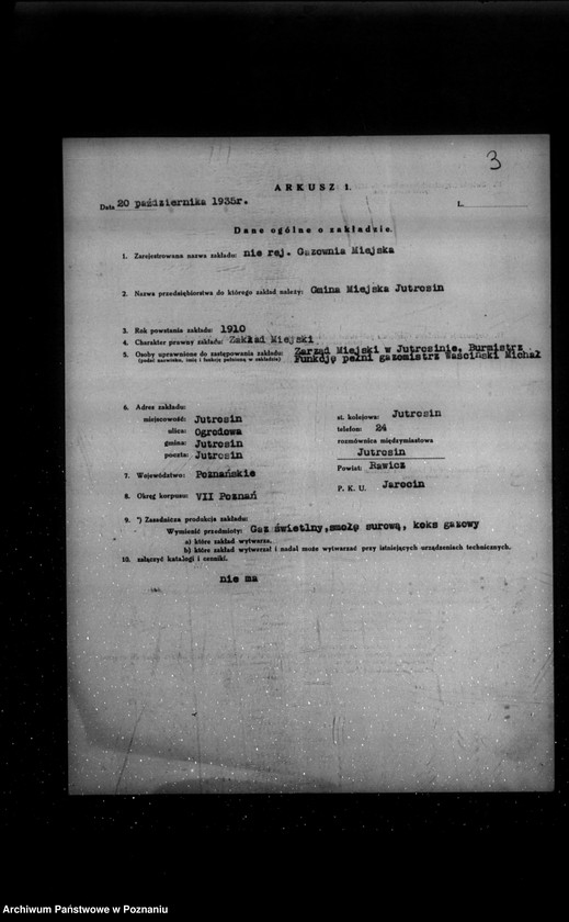 Obraz 7 z jednostki "Kwestionariusz Gazowni Miejskiej w Jutrosinie powiat rawicki"