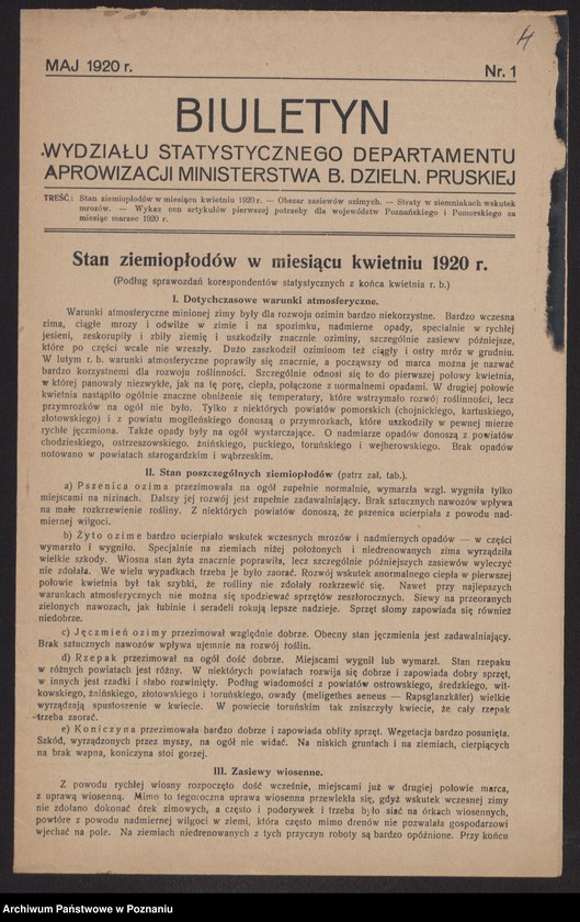 Obraz 5 z jednostki "[Oszacowanie plonów w 1919 roku. Stan ziemiopłodów w kwietniu 1920 roku]"