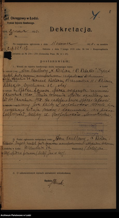 Obraz 10 z jednostki "„Dom Handlowy Leonard Keilson i Kalman Kabaker” – import i handel przędzą, towarami manufakturowymi i artykułami technicznymi"