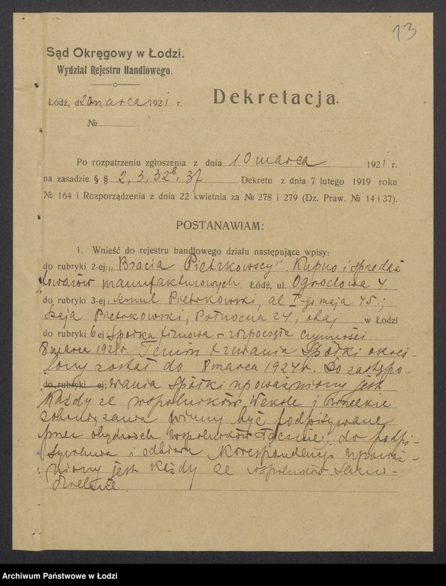 Obraz 15 z jednostki "Szmul Piotrowski, Szaja Piotrowski- kupno i sprzedaż towarów manufakturowych"