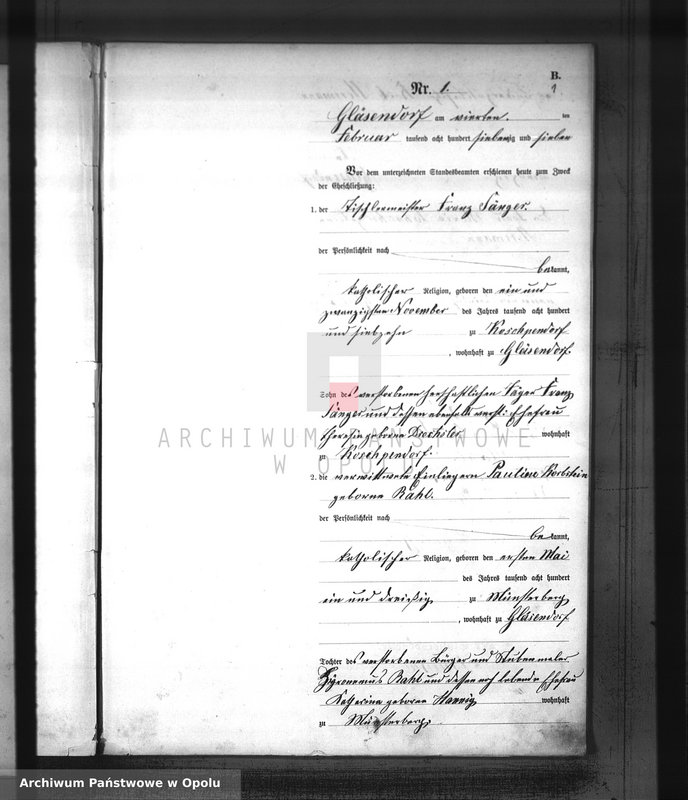 Obraz z jednostki "Księga Aktów Małżeństw U.S.C. Szklary za rok 1877"