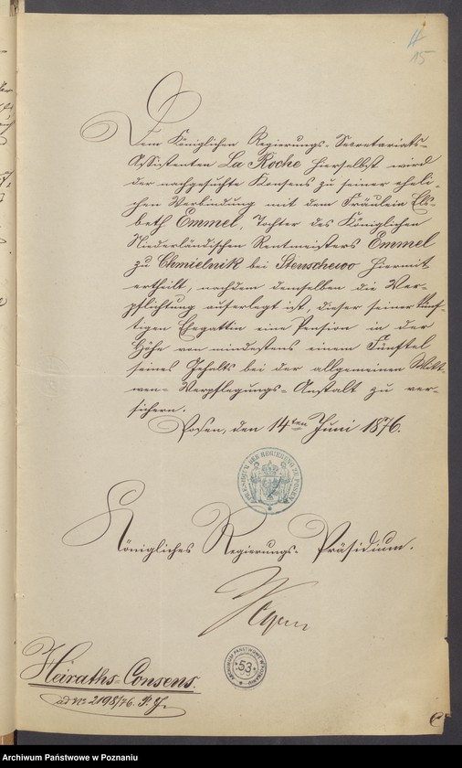 Obraz 17 z jednostki "Die von den Verlobten beigebrachten Urkunden zur Eheschliessung pro 1876"