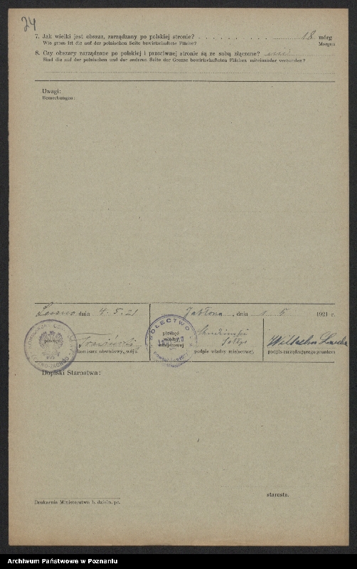 Obraz 20 z jednostki "[Kwestionariusze dotyczące stwierdzenia gruntów znajdujących się po niemieckiej stronie pogranicza a zarządzanych przez zamieszkałych po stronie polskiej] powiat leszczyński"