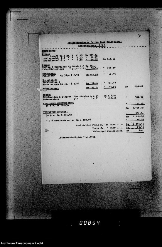 Obraz 11 z jednostki "339 Filztiefel A.[Zamówienia, korespondencja, kalkulacje]"