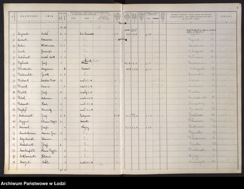 Obraz 8 z jednostki "Księga kontroli ruchu ludności (rejestr osób opuszczających gminę) Łódź, zespół V, lit. M, P"