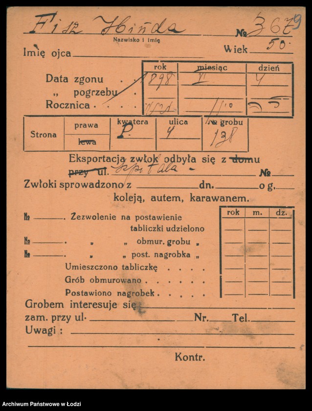 Obraz 10 z jednostki "Kartoteka osób pochowanych na cmentarzu żydowskim przy ulicy Brackiej w latach 1892-1957. Nazwiska na litery: Fisz-For"