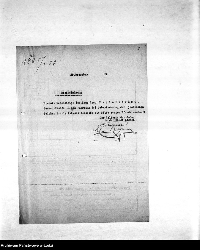 Obraz 8 z jednostki "Sprawy zaświadczeń [m.in. o zatrudnieniu mieszkańców getta, wysokości poborów, miejscu zamieszkania, sytuacji materialnej, wsparciach pieniężnych]"