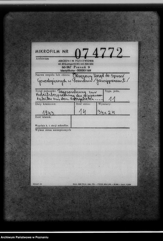 Obraz 2 z jednostki "Tagesordnung zur Arbeitsbesprechung der Sippenamtsleiter aus den Ortsgebieten in Posen [Poznań] [oraz korespondencja]"