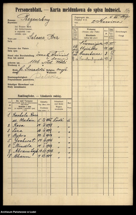 Obraz 17 z jednostki "[Spis ludności Łodzi] Regenbaum-Rentel"