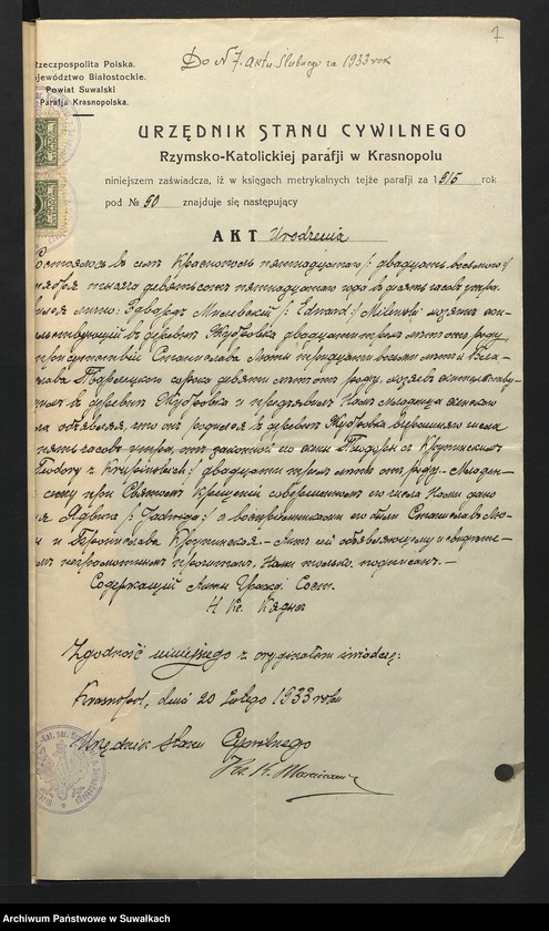 Obraz 9 z jednostki "Aneksa Aktów Ślubnych w Rz-Katolickiej Parafji Wigierskiej za 1933 rok"