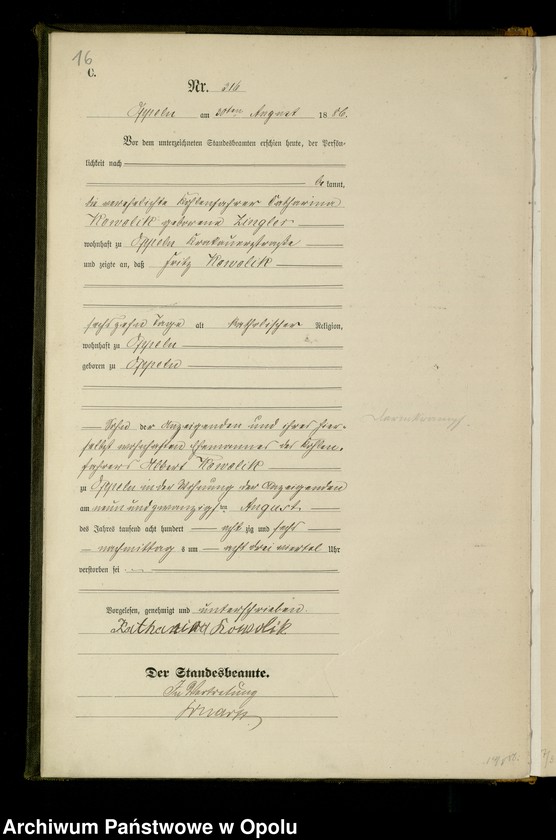 Obraz 19 z jednostki "Urząd Stanu Cywilnego w Opolu 1886 Rejestr zgonów Księga Miejscowa Nr 301 do 460"