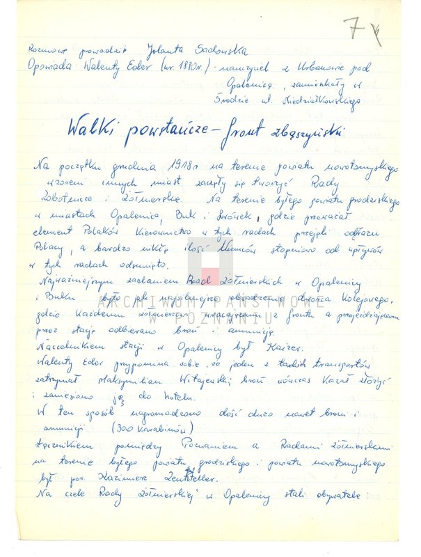 Obraz 20 z jednostki "Relacje i wspomnienia dotyczące powstania wielkopolskiego: 1. Zbąszyń, powiat Nowy Tomyśl, województwo poznańskie, 2. Zdziechowa, powiat Gniezno, województwo poznańskie, 3. Zduny, powiat Krotoszyn, województwo poznańskie."