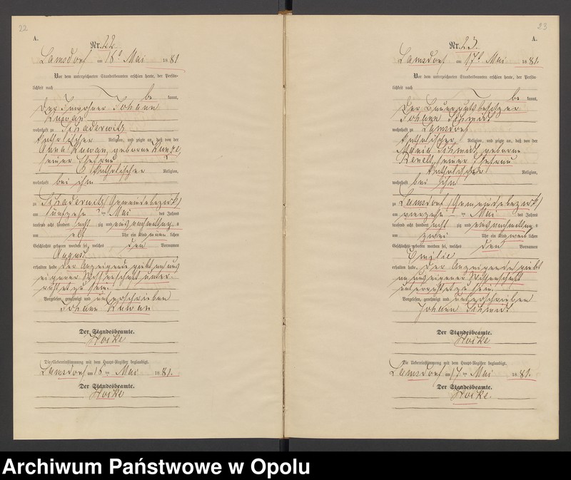 image.from.unit.number "Geburts-Neben-Register des Standesamts Lamsdorf No 15 pro 1881"