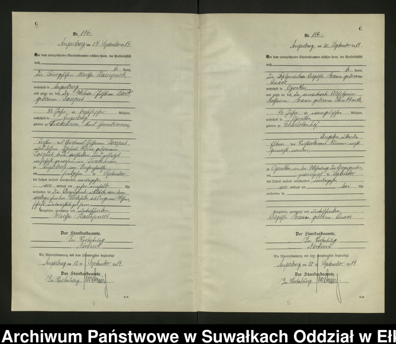 image.from.unit.number "C2. Sterbe - Register (Neben - Register) Standesamt Angerburg einschl. der Bezirke Gross Strengeln, Kehlen und Prinowen No 189 bis 272"