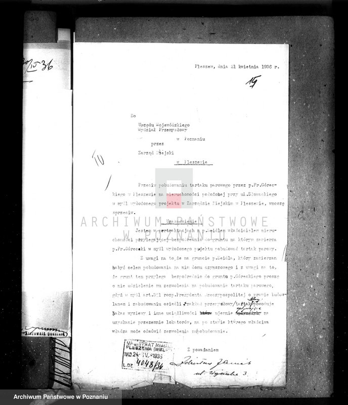 Obraz 19 z jednostki "Zatwierdzenie zakładu przemysłowego /tartak/ Fr. Góreckiego w Pleszewie pow. jarociński"