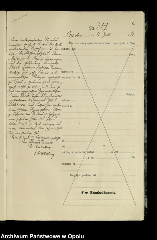 Obraz 8 z jednostki "Urząd Stanu Cywilnego w Opolu 1898 Rejestr zgonów Księga Miejscowa Nr 315 do 632"