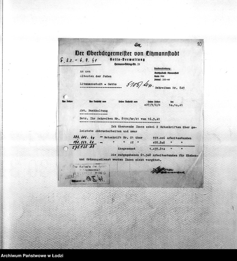 Obraz 13 z jednostki "Sonderkonto [Korespondencja PSŻ z GV w sprawach buchalteryjnych: uznanie konta za przekazane Niemcom mienie żydowskie i dostarczoną siłę roboczą w zamian świadczeń ze strony GV]"