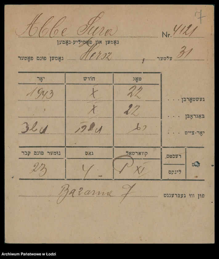 Obraz 8 z jednostki "Kartoteka osób pochowanych na cmentarzu żydowskim przy ulicy Brackiej w latach 1892-1959. Nazwiska na literę A"