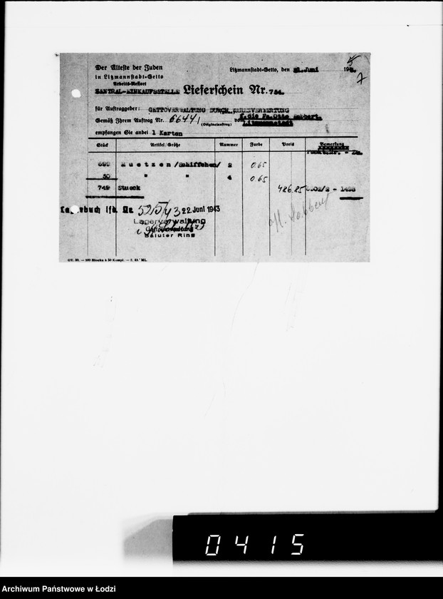 Obraz 11 z jednostki "Firma Otto Sabbert Litzmannstadt IV Warenverwertung an den Juden-Ältesten. Kinderhüte, Mützen"