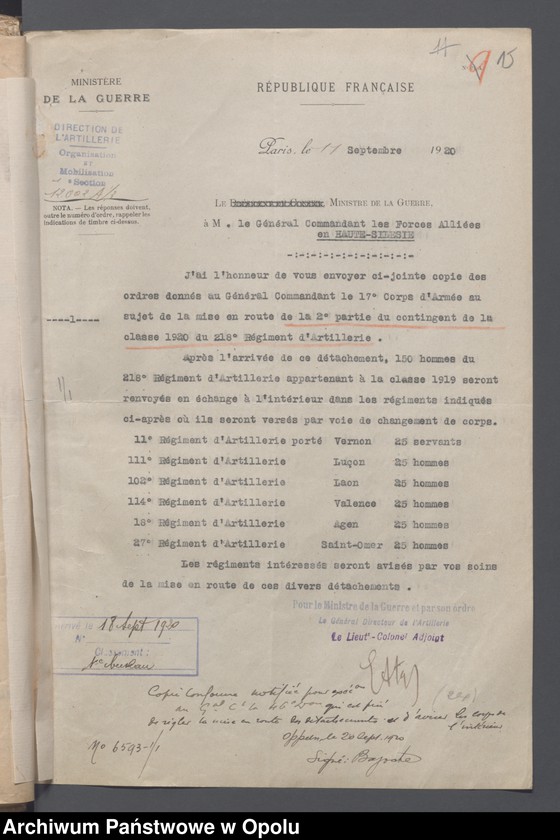 Obraz 17 z jednostki "Recrutement-Effectifs-Renforts-Situations /Korespondencja dotycząca uzupełnień, demobilizacja, wzmocnienie stanów liczebnych oddziałów/ 3.09.1920"