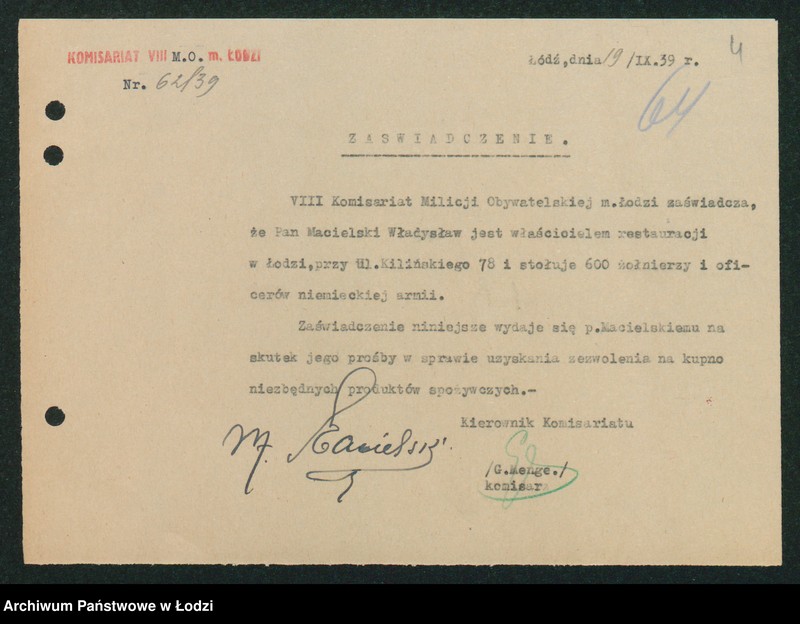 Obraz 6 z jednostki "[Akta VIII Komisariatu Milicji Obywatelskiej - różne zaświadczenia, wezwania, pokwitowania i przepustki]"