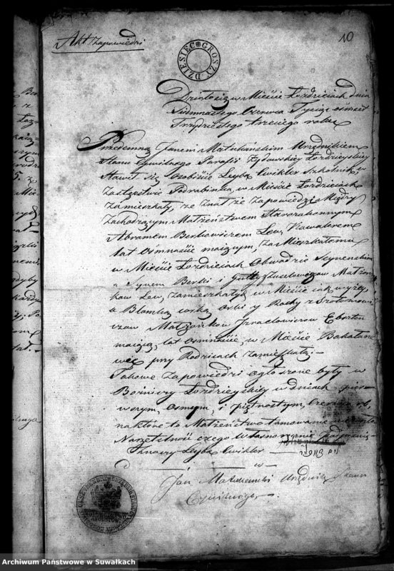 image.from.unit.number "Dowody do Akt Zaślubionych Wyznania Mojżeszowego Okręgu Bakałarzewo pro 1833"