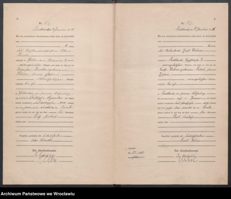 Obraz z jednostki "Geburts Haupt Register Standesamt Friedland 1915"