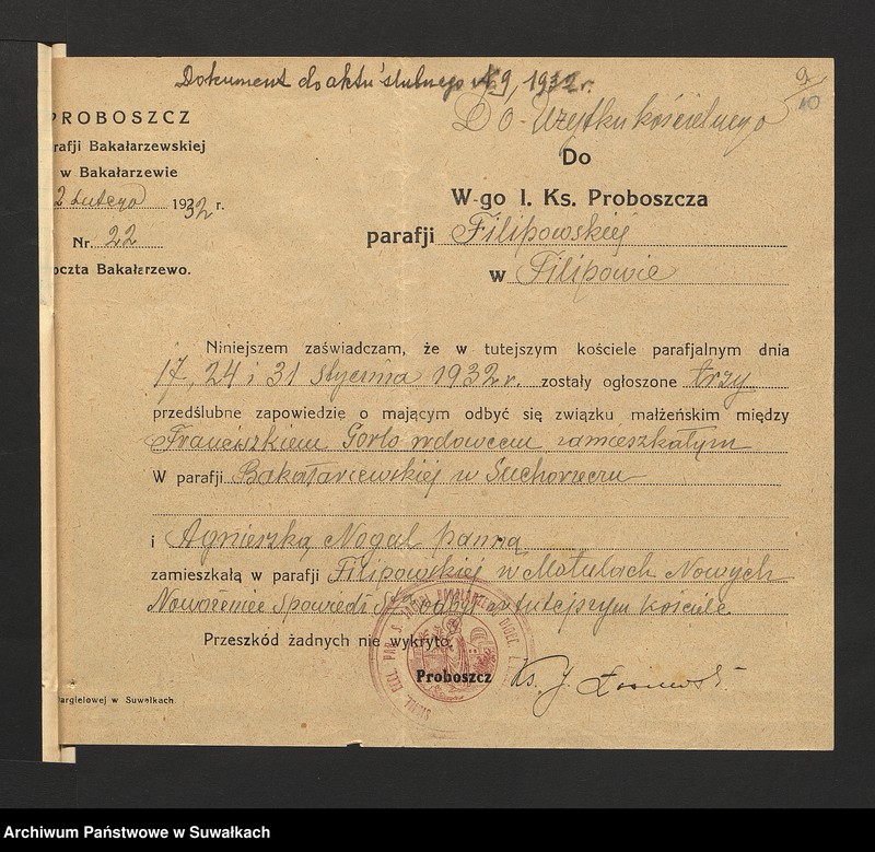 image.from.unit.number "Dokumenty przedstawione do ślubnych aktów stanu cywilnego sporządzonych w roku 1932 w parafji rzymsko-katolickiej Filipów"