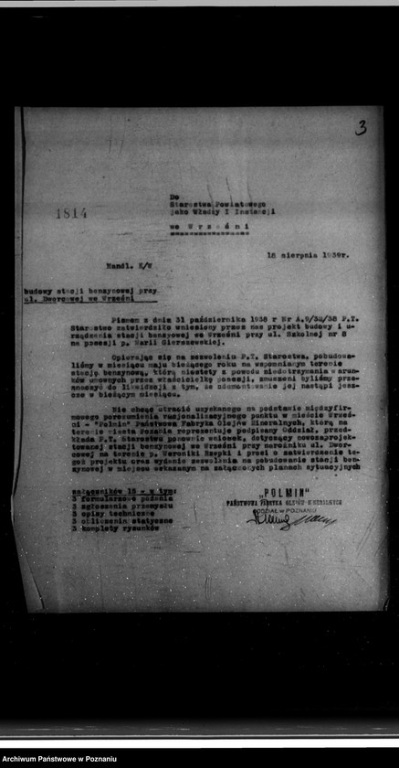 Obraz 7 z jednostki "/Zatwierdzenie budowy stacji benzynowej we Wrześni/ własność "Polmin" Państwowa fabryka olejów mineralnych"