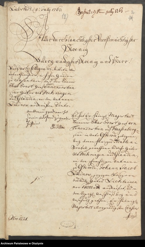 image.from.unit.number "In S. [Sachen] des Cammerers Elias Ernst Grafen von Finkenstein auf Hasenberg. Den Verkauff seiner Adelichen Gütter Alt=Doehringen [Durąg] und Glanden [Glądy]"