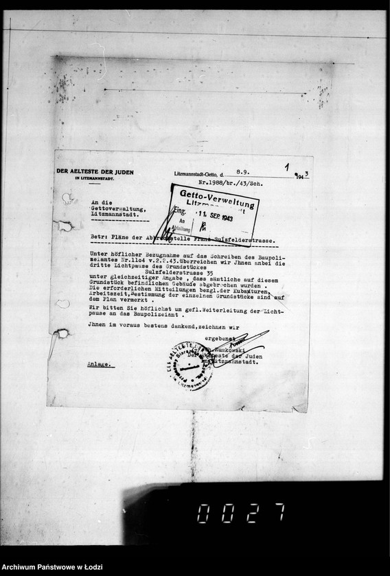 Obraz 5 z jednostki "Abbrüche im Getto. [Korespondencja w sprawie rozbiórki domów w Getcie, miesięczne zestawienia wykonanych prac, wykazy zatrudnionych przy pracach rozbiórkowych]"