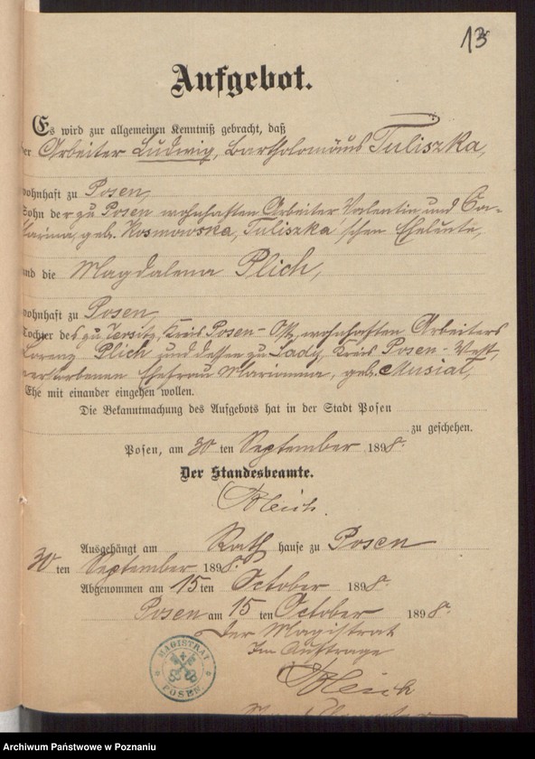 Obraz 15 z jednostki "Die von den Verlobten beigebrachten Urkunden zur Eheschliessung pro 1898"