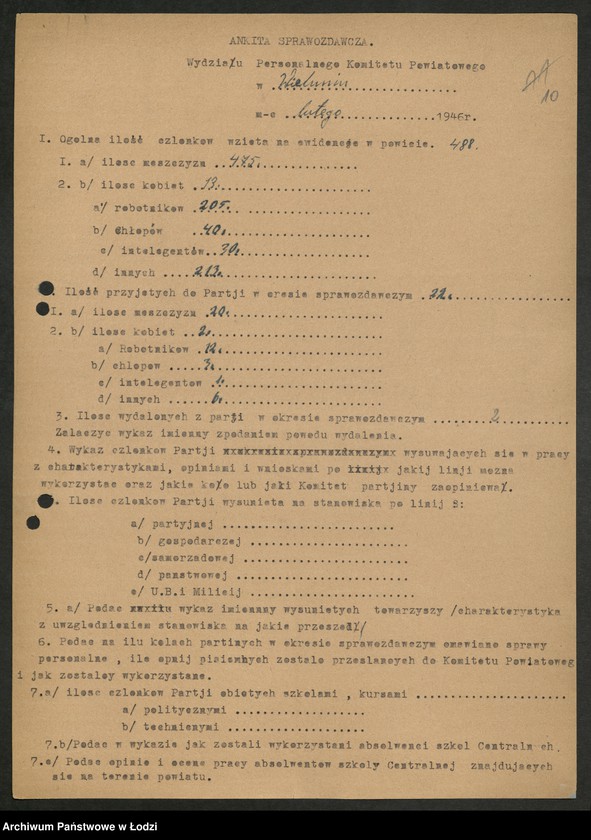 Obraz 11 z jednostki "Ankiety sprawozdawcze instruktora Komitetu Powiatowego Wieluń [z załącznikami]"