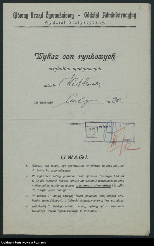 Obraz 15 z jednostki "[Wykaz cen rynkowych artykułów spożywczych w poszczególnych miastach Województwa Poznańskiego za miesiąc luty 1920]"