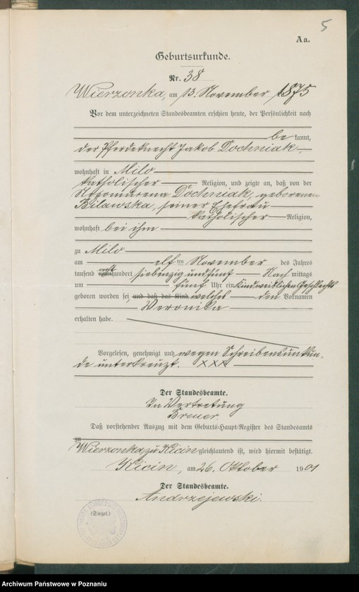 Obraz 7 z jednostki "[Dokumenty dostarczone przez narzeczonych do zawarcia związku małżeńskiego za 1901 rok. Tom XVIII]"