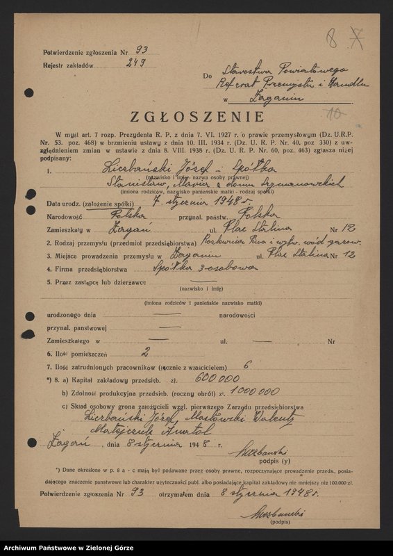 Obraz 10 z jednostki "Rozlewnia i wytwórnia wód gazowanych - J. Liczbański w Żaganiu - zawiadomienia, karta repatriacyjna , zgłoszenie prowadzenia działalności gospodarczej"