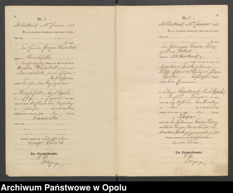 Obraz z jednostki "U.S.C. Siołkowice Stare Księga aktów urodzeń miejscowa rok 1883"