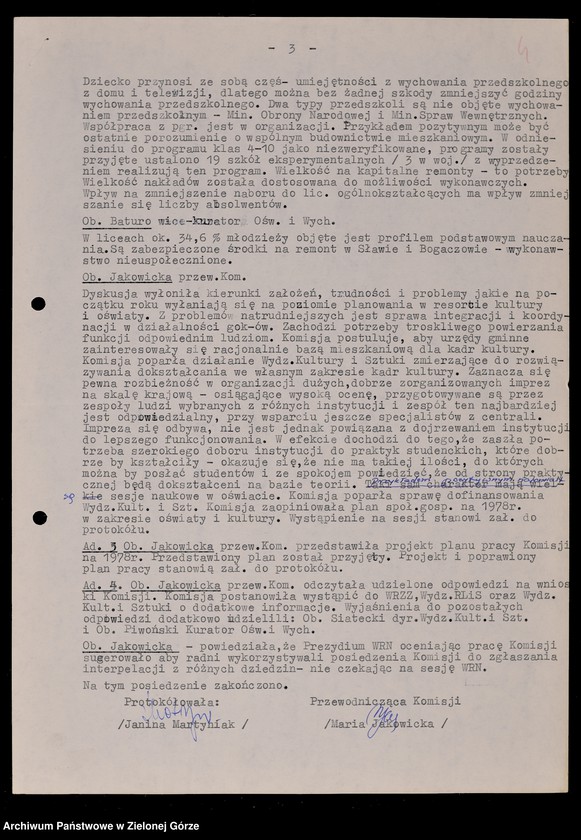 image.from.unit.number "Protokóły z posiedzeń Komisji Wychowania, Oświaty i Kultury Wojewódzkiej Rady Narodowej w Zielonej Górze; Nr 11 - 18"