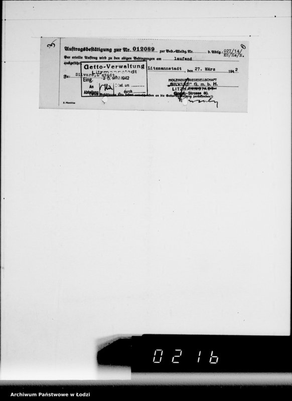 Obraz 9 z jednostki "Aufträge 7611-12089 und Rechnungen Firma Silvars G.m.b.H.Litzmannstadt auf Holzmaterial"