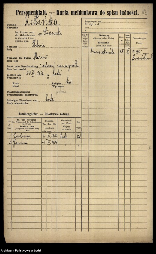 Obraz 15 z jednostki "[Spis ludności Łodzi] Rosińska-Rot"
