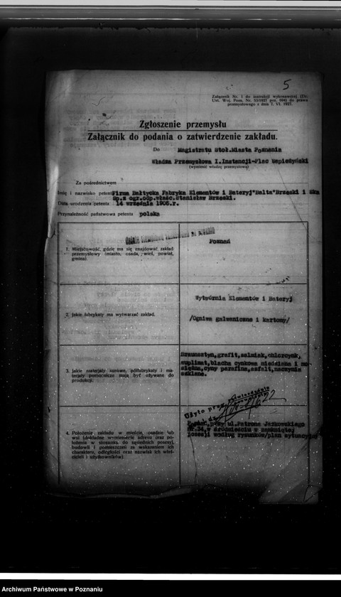 Obraz 9 z jednostki "Fabryka elementów i baterii "Balta" Brzeski i Spółka z o. o. Poznań ul. Patrona Jackowskiego 34 zatwierdzenie zakładu"