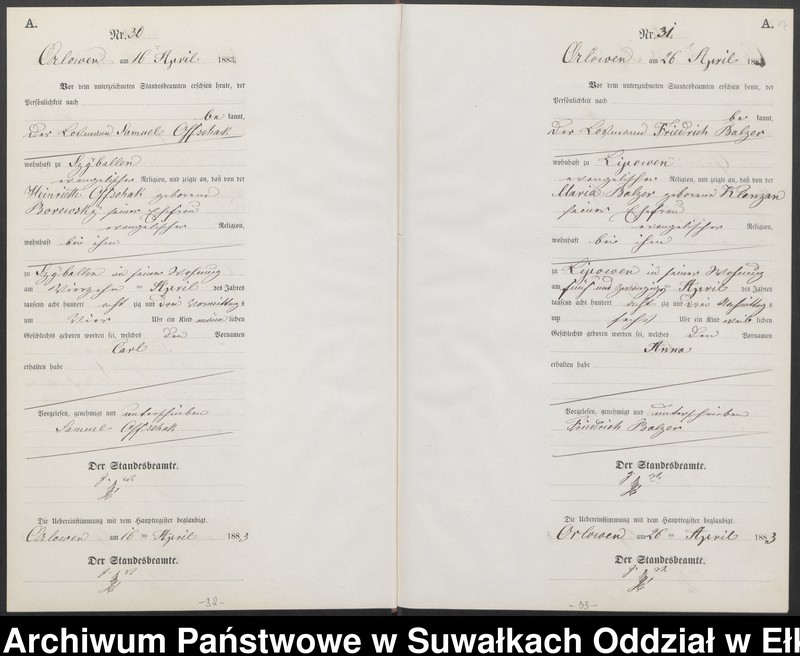Obraz 20 z jednostki "Geburts-Neben-Register des Preussischen Standes-Amtes Orlowen Kreis Loetzen für das Jahr 1883"