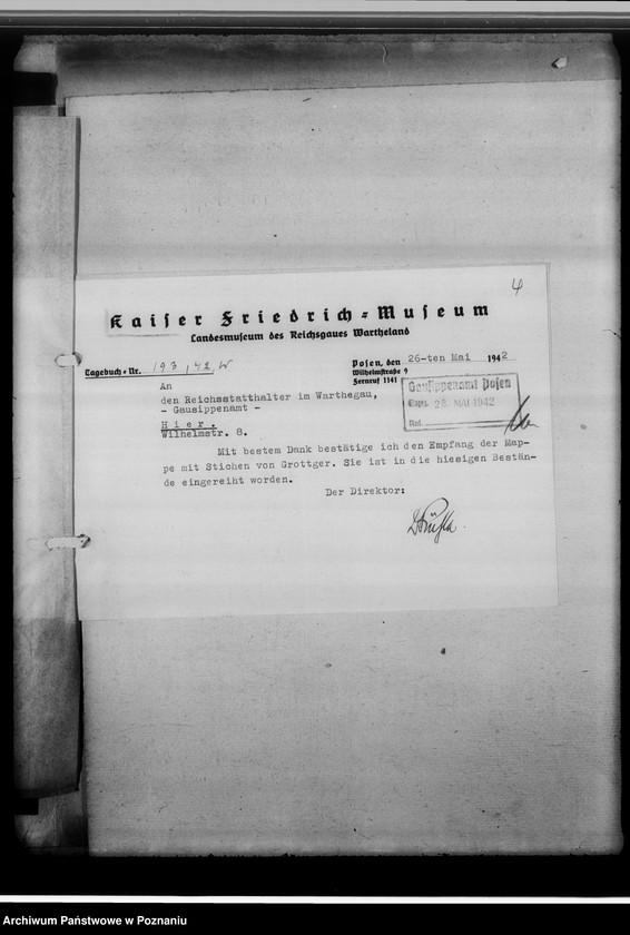 Obraz 8 z jednostki "[Korespondencja w sprawie przekazania teczki z rycinami Grottgera, książek polskich oraz szczątków fragmentarycznych akt polsko-katolickich gmin kościelnych z dekanatów: Środa, Chodzież, Międzychód oraz Kościan]"