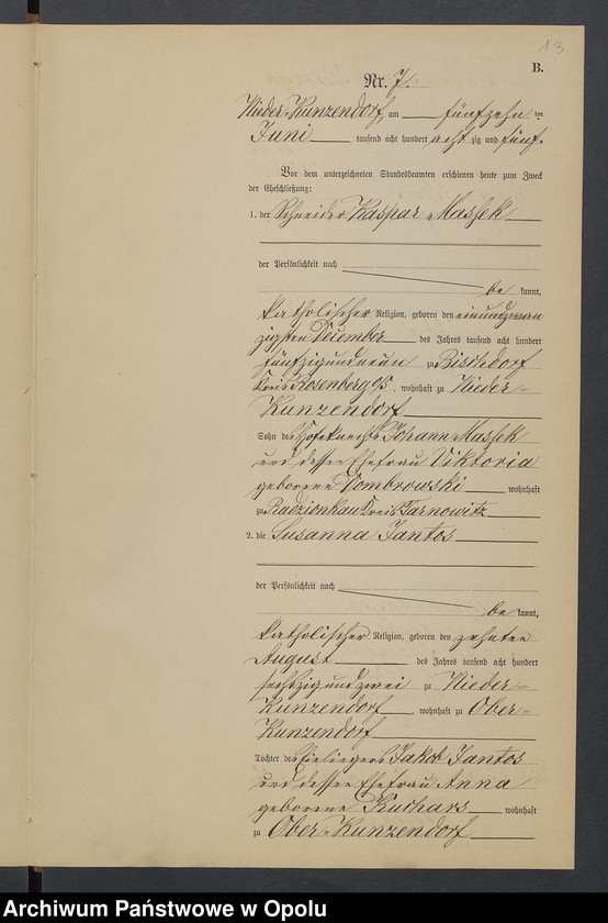 Obraz 17 z jednostki "Heiraths-Neben-Register Standesamts Kunzendorf pro 1885"